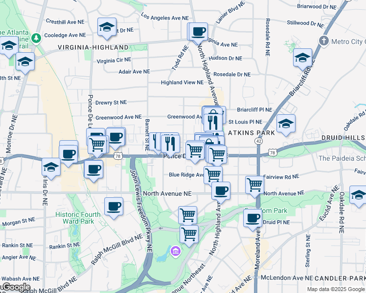 map of restaurants, bars, coffee shops, grocery stores, and more near in Atlanta