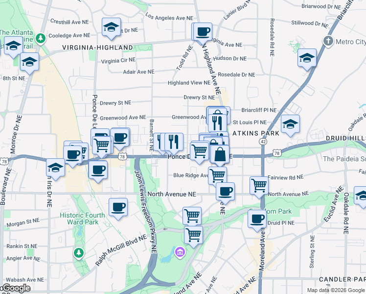 map of restaurants, bars, coffee shops, grocery stores, and more near in Atlanta