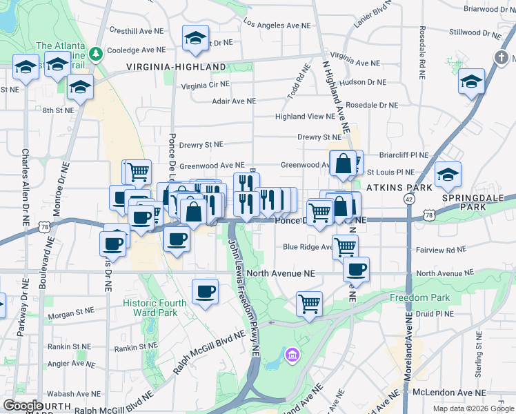 map of restaurants, bars, coffee shops, grocery stores, and more near in Atlanta