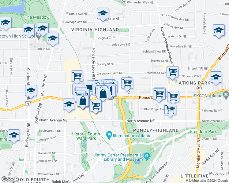 map of restaurants, bars, coffee shops, grocery stores, and more near 790 Ponce De Leon Avenue Northeast in Atlanta