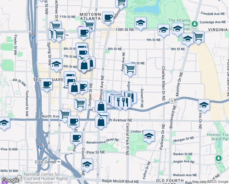 map of restaurants, bars, coffee shops, grocery stores, and more near in Atlanta