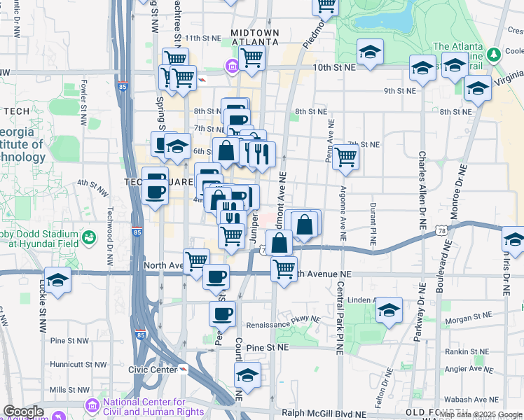 map of restaurants, bars, coffee shops, grocery stores, and more near in Atlanta