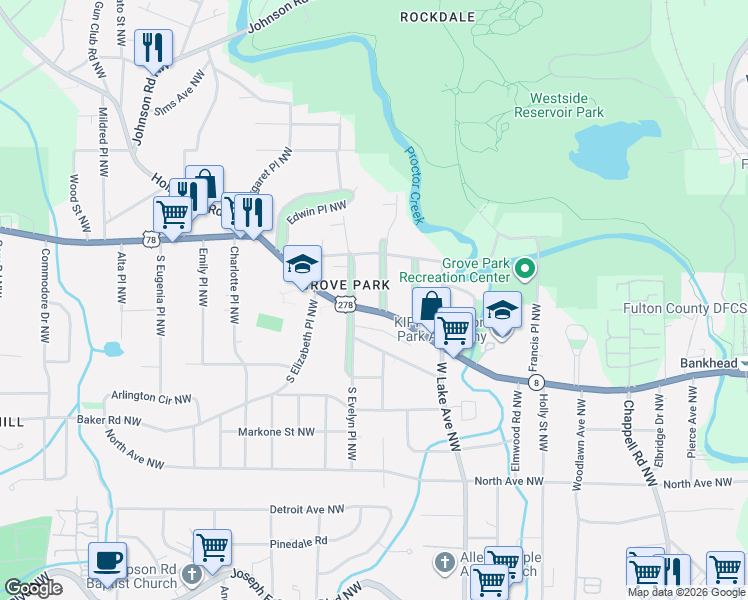 map of restaurants, bars, coffee shops, grocery stores, and more near 693 South Evelyn Place Northwest in Atlanta