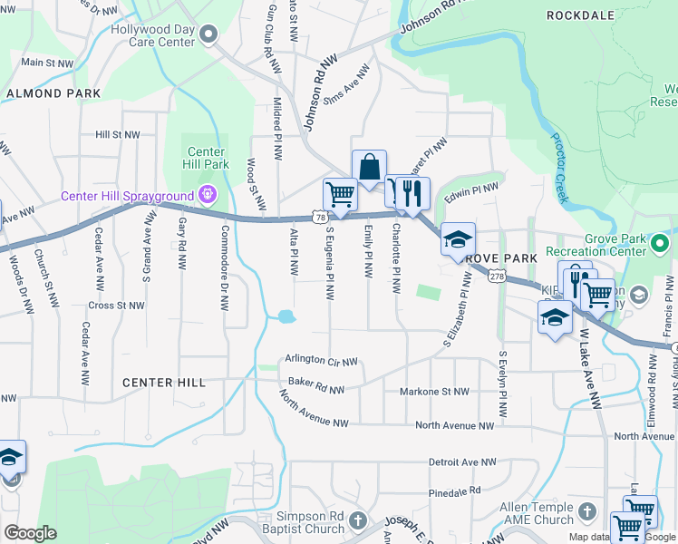 map of restaurants, bars, coffee shops, grocery stores, and more near 20 South Eugenia Place Northwest in Atlanta