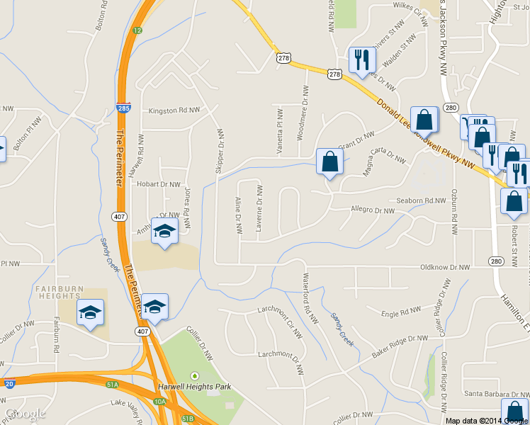map of restaurants, bars, coffee shops, grocery stores, and more near 695 Laverne Drive Northwest in Atlanta