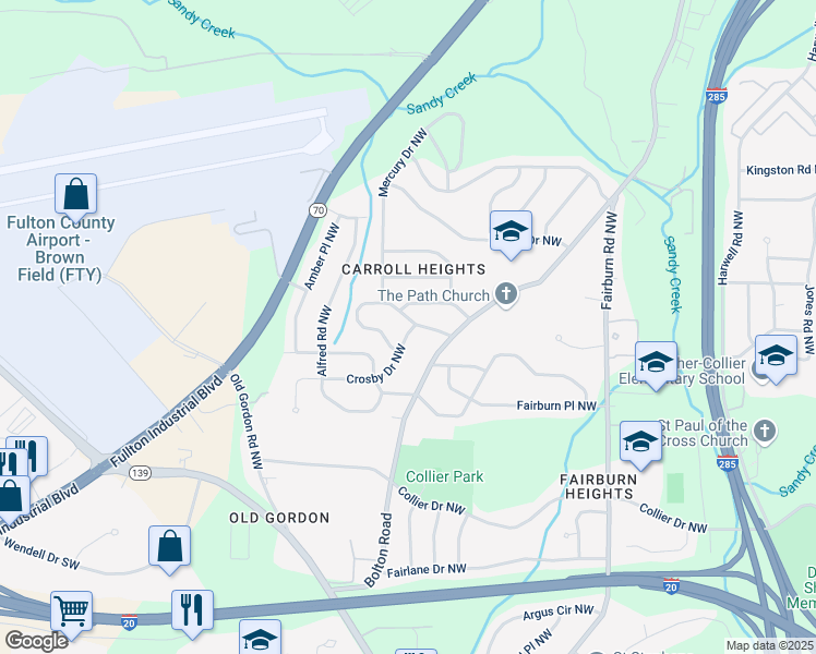 map of restaurants, bars, coffee shops, grocery stores, and more near 3650 Clovis Court Northwest in Atlanta