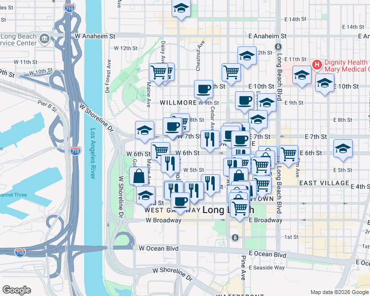 map of restaurants, bars, coffee shops, grocery stores, and more near 445 West 6th Street in Long Beach