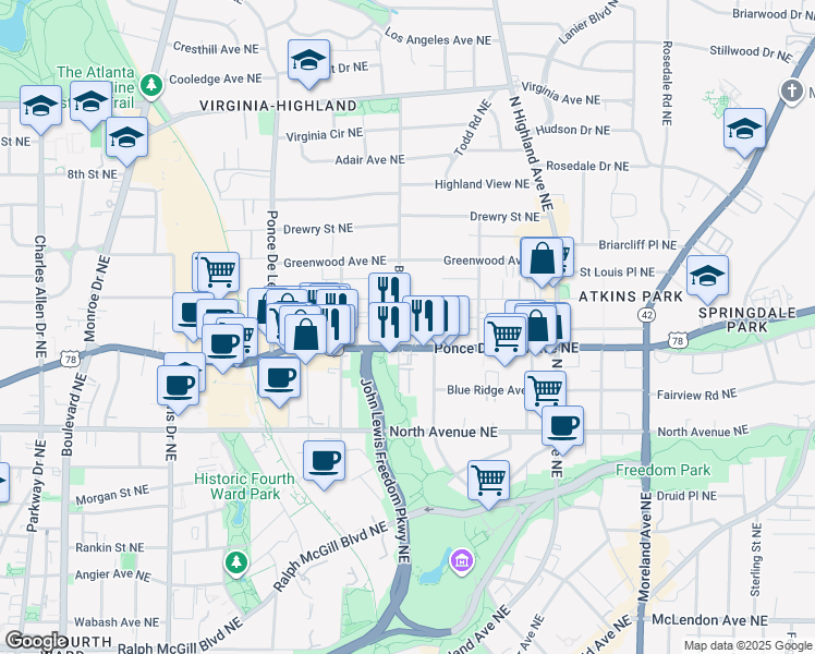 map of restaurants, bars, coffee shops, grocery stores, and more near in Atlanta