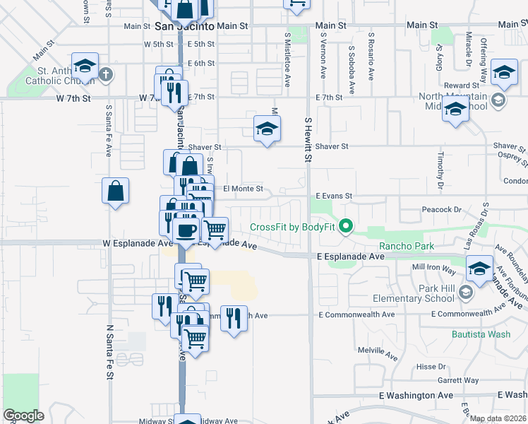 map of restaurants, bars, coffee shops, grocery stores, and more near 1345 Trenton Circle in San Jacinto