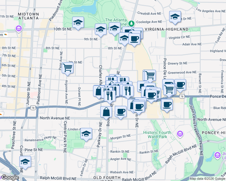 map of restaurants, bars, coffee shops, grocery stores, and more near 494 Ponce De Leon Avenue Northeast in Atlanta