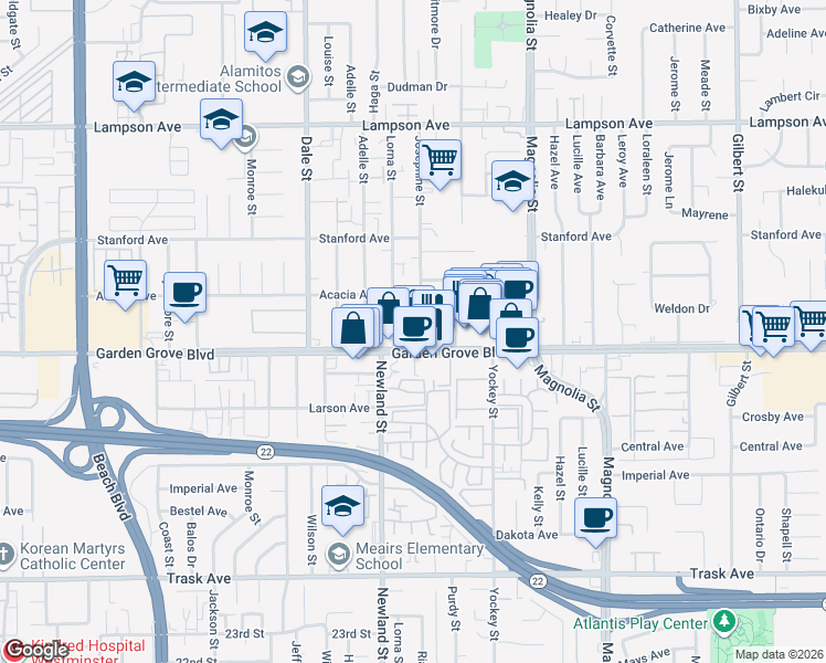 map of restaurants, bars, coffee shops, grocery stores, and more near 12941 Josephine Street in Garden Grove