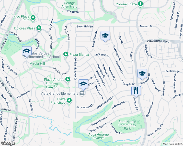 map of restaurants, bars, coffee shops, grocery stores, and more near 6908 Willowtree Drive in Rancho Palos Verdes
