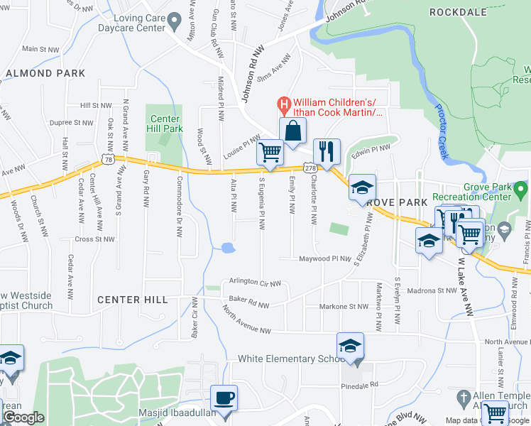 map of restaurants, bars, coffee shops, grocery stores, and more near 20 South Eugenia Place Northwest in Atlanta