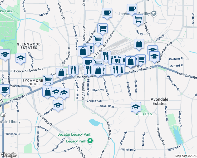 map of restaurants, bars, coffee shops, grocery stores, and more near 725 Brown Place in Decatur