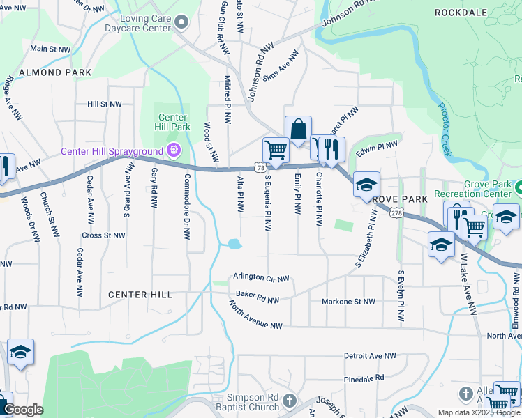 map of restaurants, bars, coffee shops, grocery stores, and more near 2110 Sarah Street Northwest in Atlanta