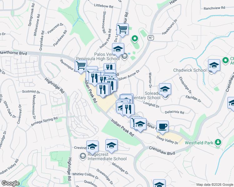 map of restaurants, bars, coffee shops, grocery stores, and more near 430 Silver Spur Road in Rancho Palos Verdes