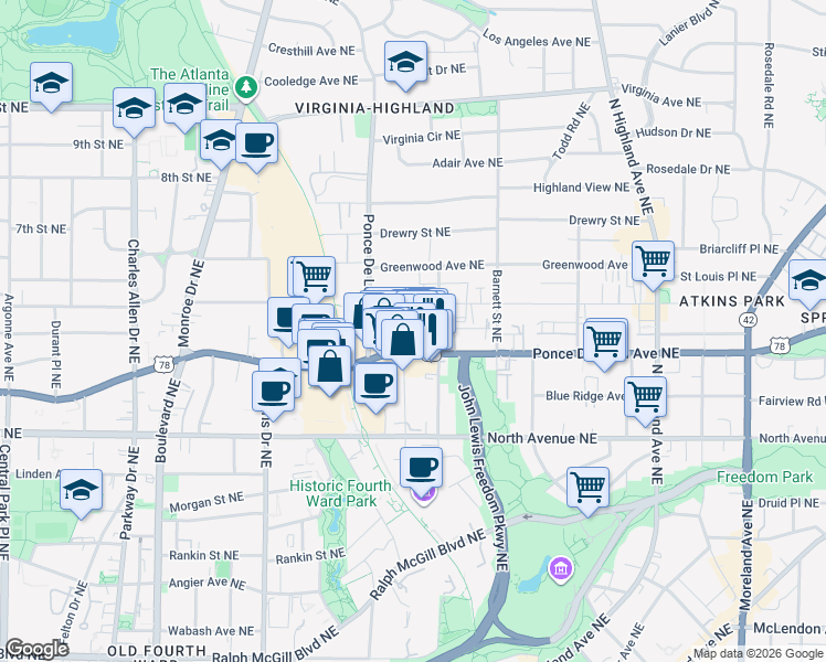 map of restaurants, bars, coffee shops, grocery stores, and more near 790 Ponce De Leon Avenue Northeast in Atlanta
