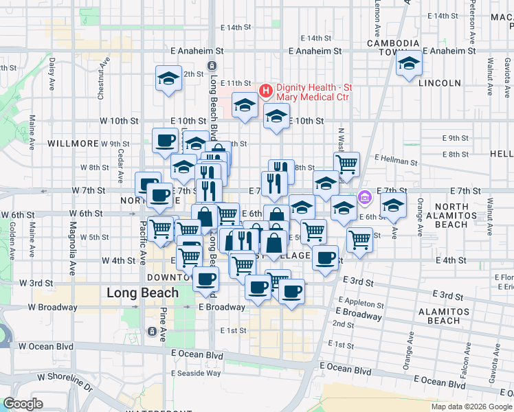 map of restaurants, bars, coffee shops, grocery stores, and more near 553 Linden Avenue in Long Beach