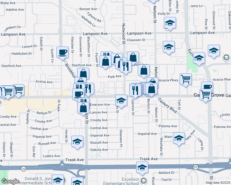 map of restaurants, bars, coffee shops, grocery stores, and more near 10371 Garden Grove Boulevard in Garden Grove