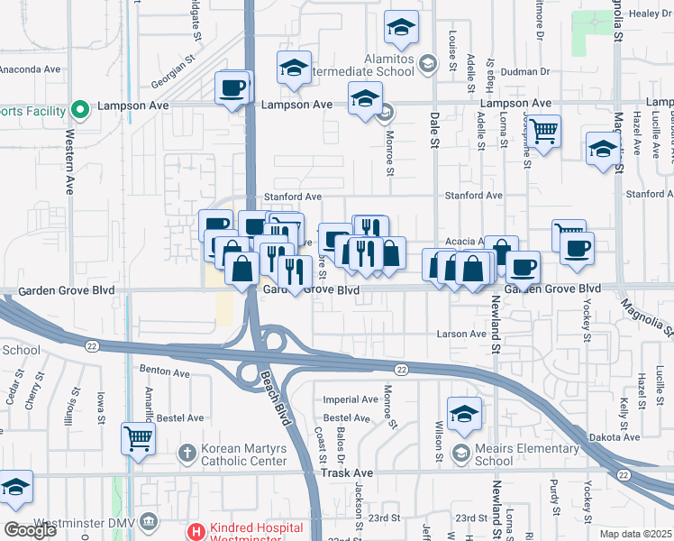map of restaurants, bars, coffee shops, grocery stores, and more near 12921 Fern Street in Garden Grove