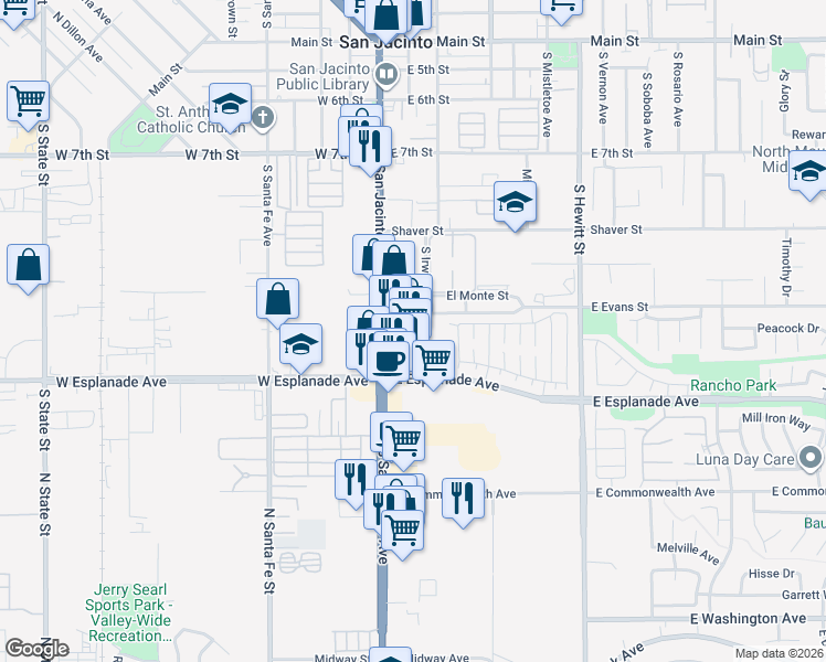 map of restaurants, bars, coffee shops, grocery stores, and more near 1435 South San Jacinto Avenue in San Jacinto
