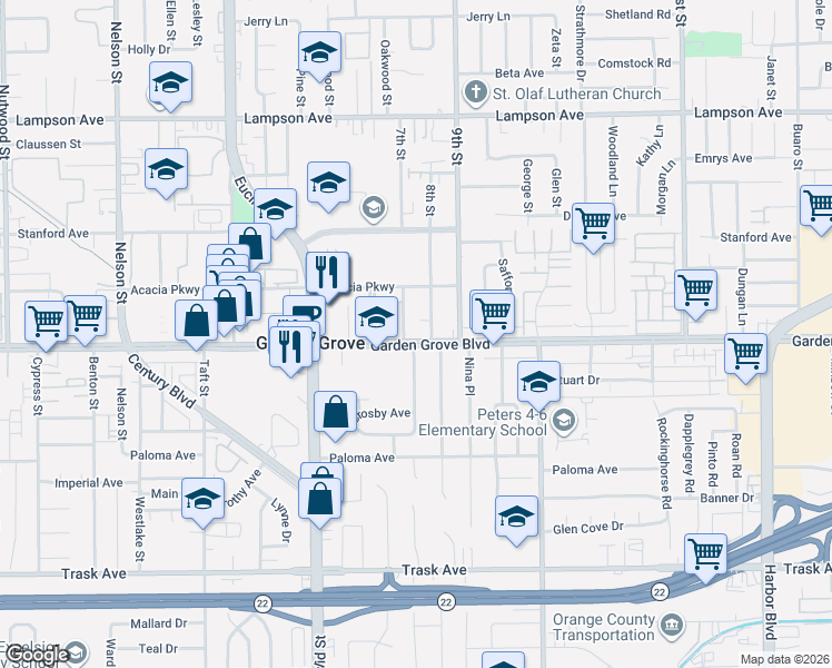 map of restaurants, bars, coffee shops, grocery stores, and more near 11371 Garden Grove Boulevard in Garden Grove