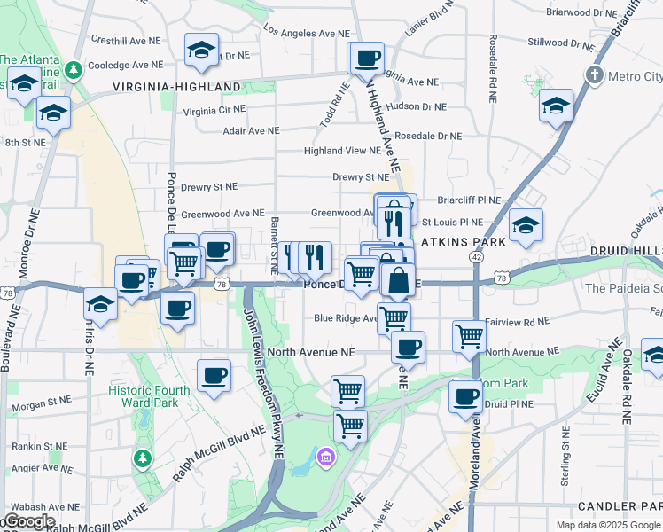 map of restaurants, bars, coffee shops, grocery stores, and more near in Atlanta