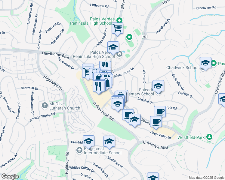 map of restaurants, bars, coffee shops, grocery stores, and more near 450 Silver Spur Road in Rancho Palos Verdes