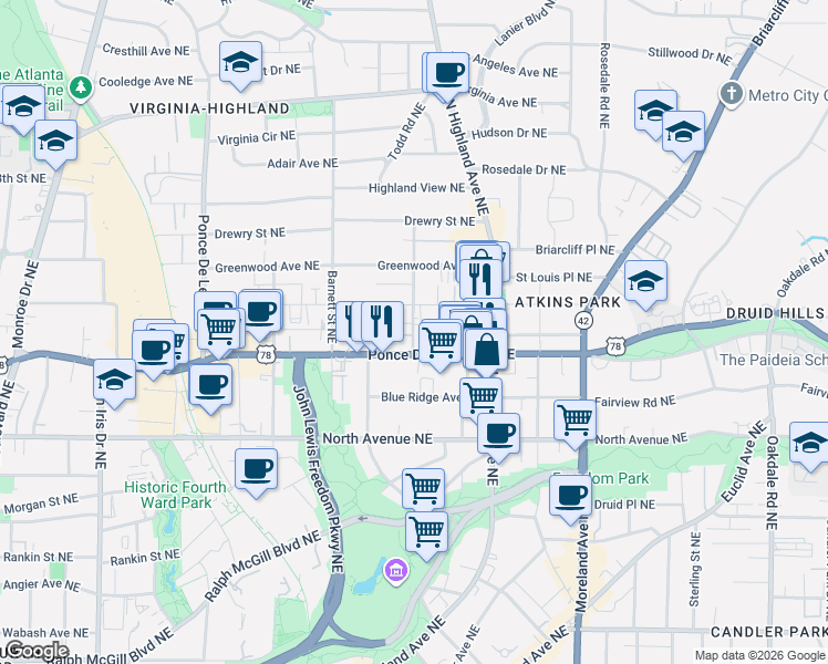 map of restaurants, bars, coffee shops, grocery stores, and more near in Atlanta