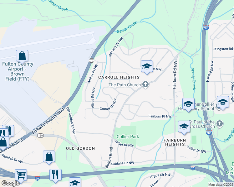map of restaurants, bars, coffee shops, grocery stores, and more near 3650 Clovis Court Northwest in Atlanta
