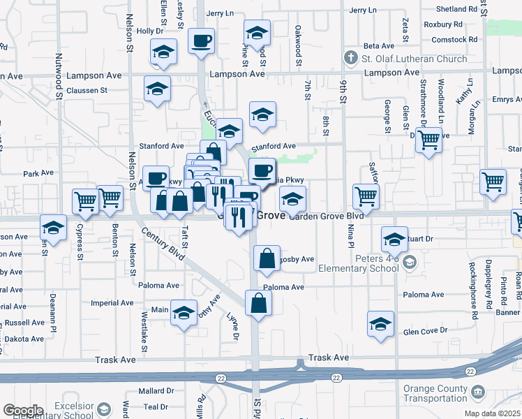 map of restaurants, bars, coffee shops, grocery stores, and more near in Garden Grove