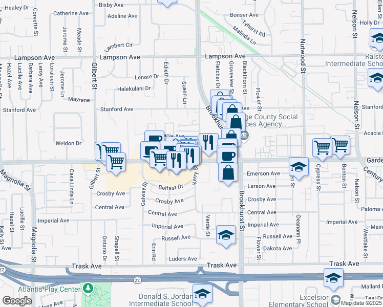 map of restaurants, bars, coffee shops, grocery stores, and more near 9943 Garden Grove Boulevard in Garden Grove