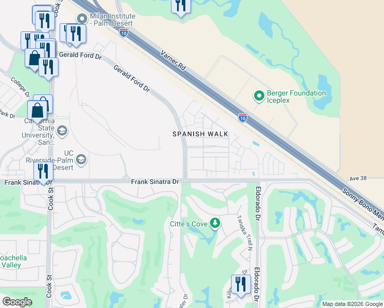 map of restaurants, bars, coffee shops, grocery stores, and more near 414 Via De La Paz in Palm Desert