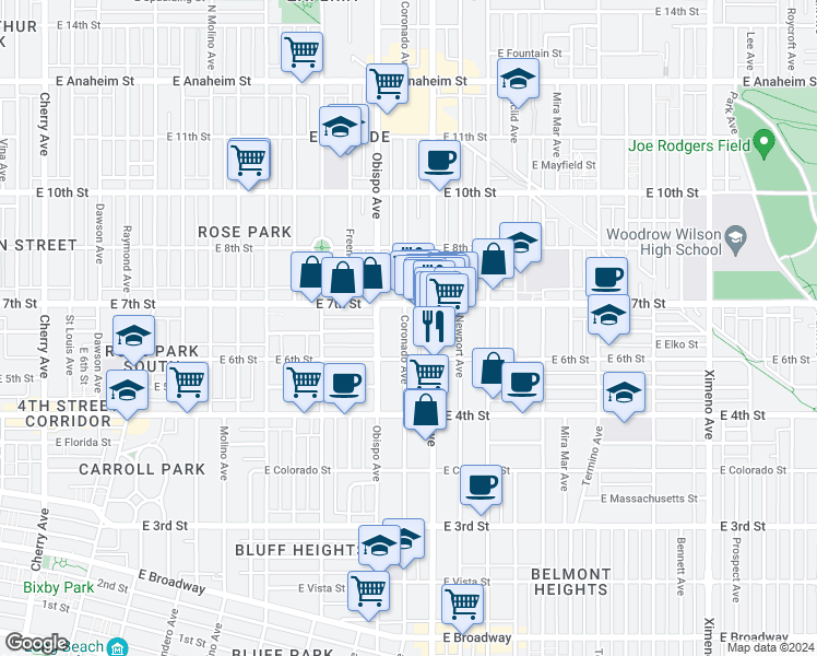 map of restaurants, bars, coffee shops, grocery stores, and more near 648 Coronado Avenue in Long Beach