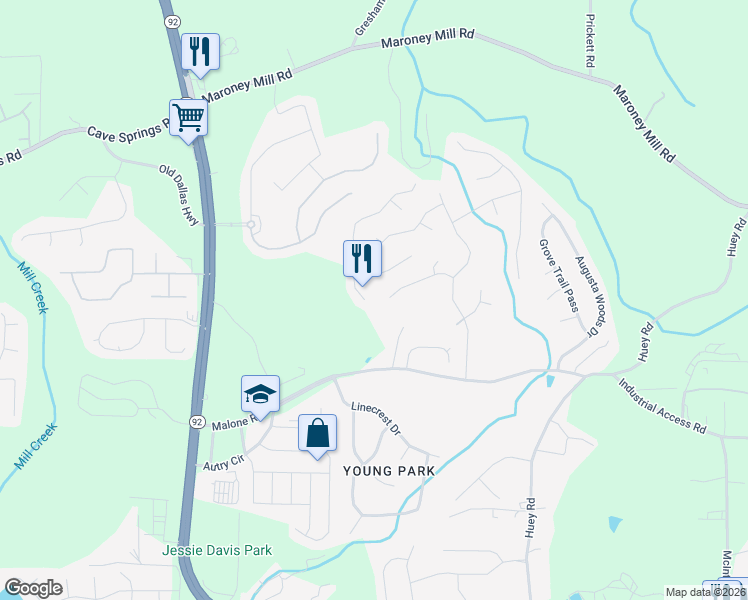 map of restaurants, bars, coffee shops, grocery stores, and more near 6411 Hillview Lane in Douglasville