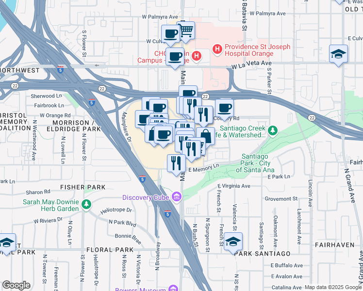 map of restaurants, bars, coffee shops, grocery stores, and more near 2890 North Main Street in Santa Ana