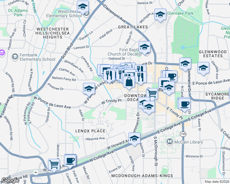 map of restaurants, bars, coffee shops, grocery stores, and more near 421 West Trinity Place in Decatur