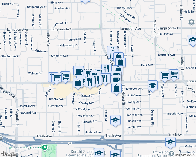 map of restaurants, bars, coffee shops, grocery stores, and more near 9943 Garden Grove Boulevard in Garden Grove