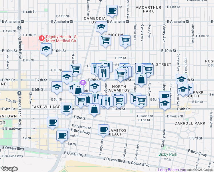 map of restaurants, bars, coffee shops, grocery stores, and more near 616 Orange Avenue in Long Beach