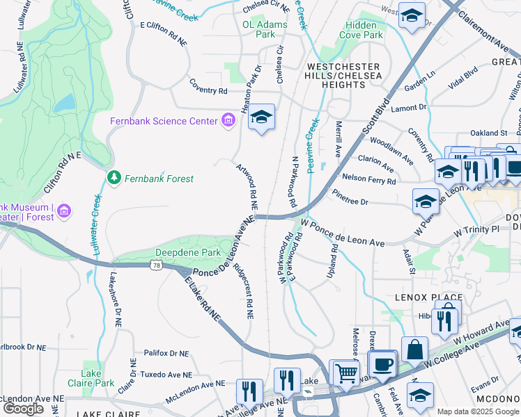 map of restaurants, bars, coffee shops, grocery stores, and more near 2173 North Ponce De Leon Avenue Northeast in Atlanta