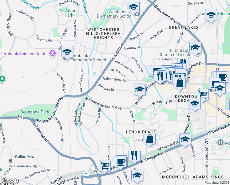 map of restaurants, bars, coffee shops, grocery stores, and more near 801 West Ponce de Leon Avenue in Decatur