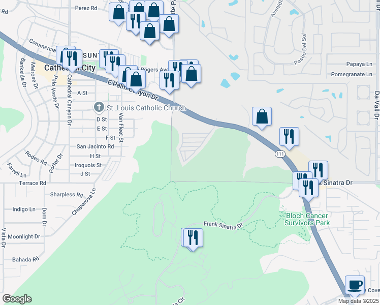 map of restaurants, bars, coffee shops, grocery stores, and more near 69333 East Palm Canyon Drive in Cathedral City
