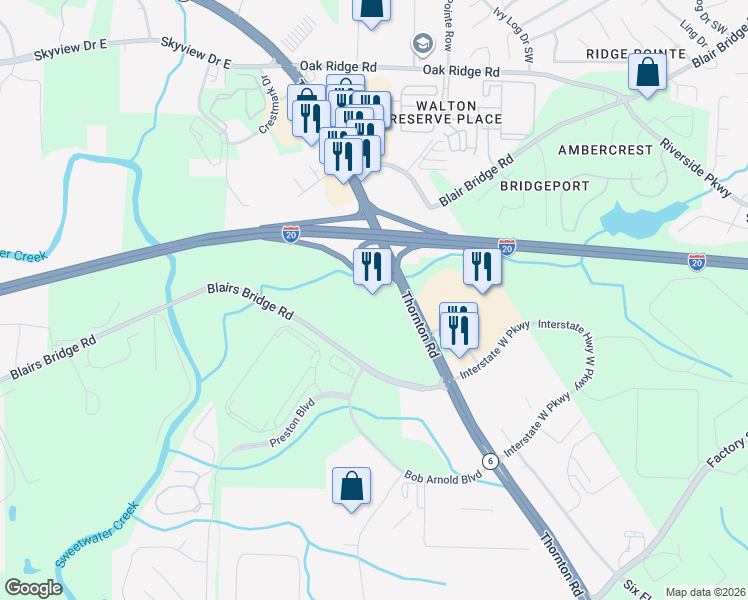 map of restaurants, bars, coffee shops, grocery stores, and more near 970 West Pointe Court in Lithia Springs