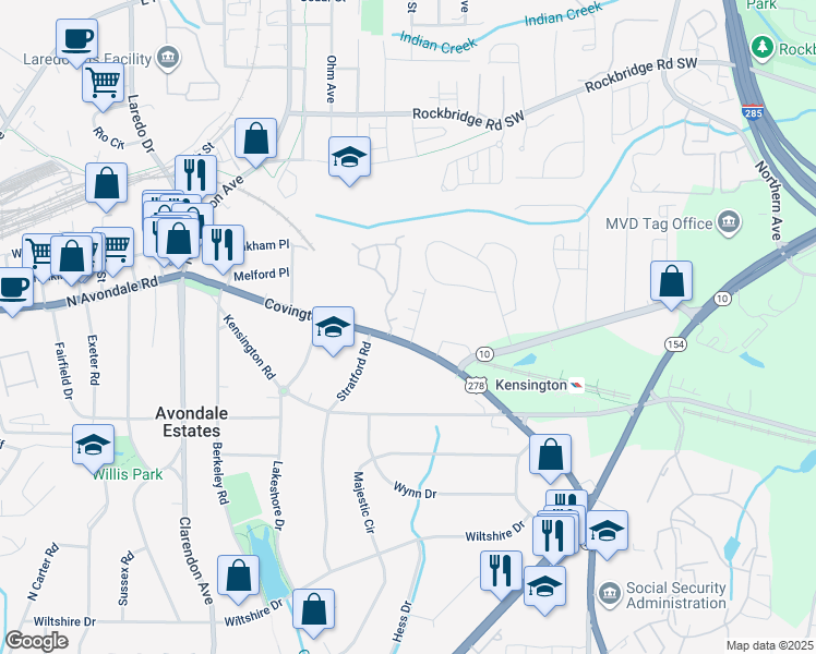 map of restaurants, bars, coffee shops, grocery stores, and more near 3202 Saute Way in Avondale Estates