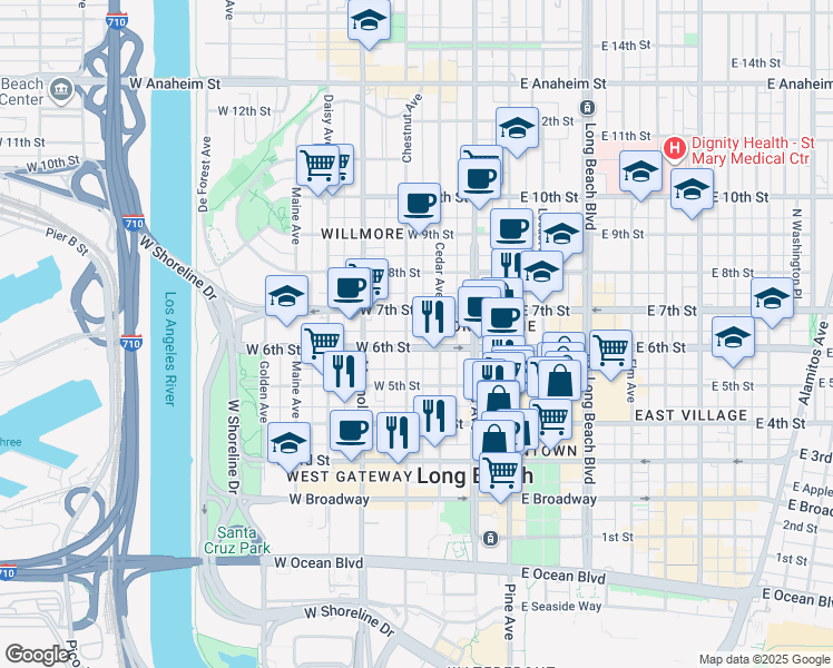 map of restaurants, bars, coffee shops, grocery stores, and more near 618 Chestnut Avenue in Long Beach