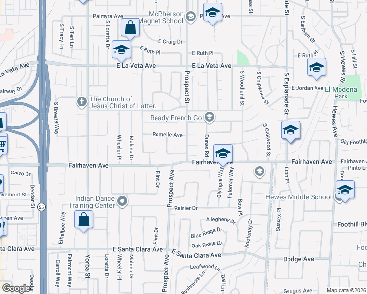 map of restaurants, bars, coffee shops, grocery stores, and more near 12945 Prospect Avenue in Santa Ana