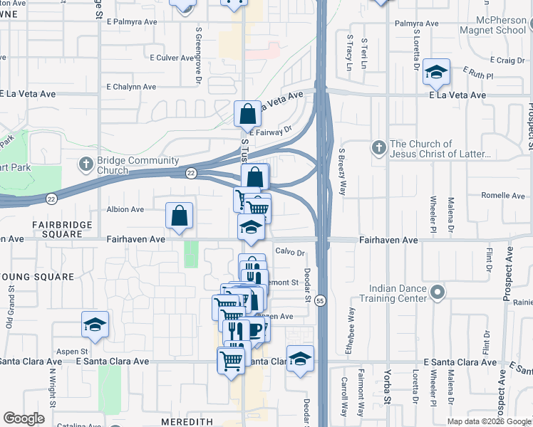 map of restaurants, bars, coffee shops, grocery stores, and more near 1833 East Stearns Avenue in Orange
