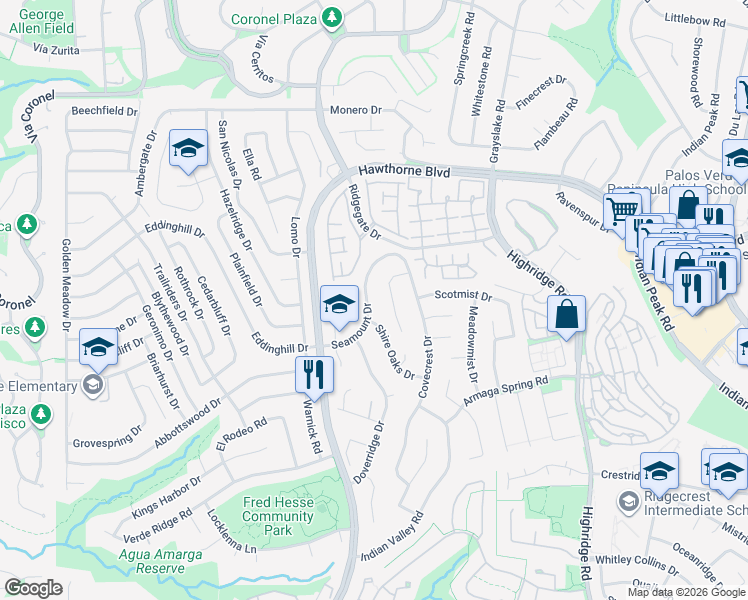 map of restaurants, bars, coffee shops, grocery stores, and more near 28525 Seamount Drive in Rancho Palos Verdes