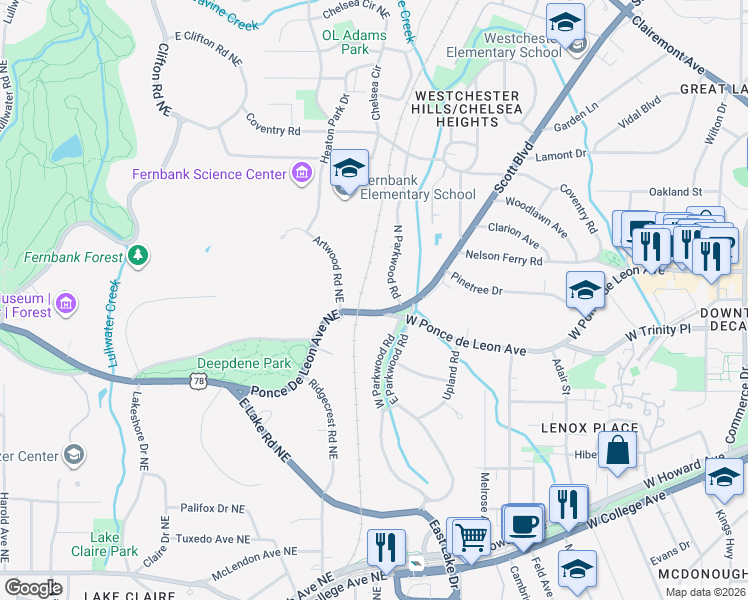 map of restaurants, bars, coffee shops, grocery stores, and more near 2174 West Ponce de Leon Avenue in Decatur