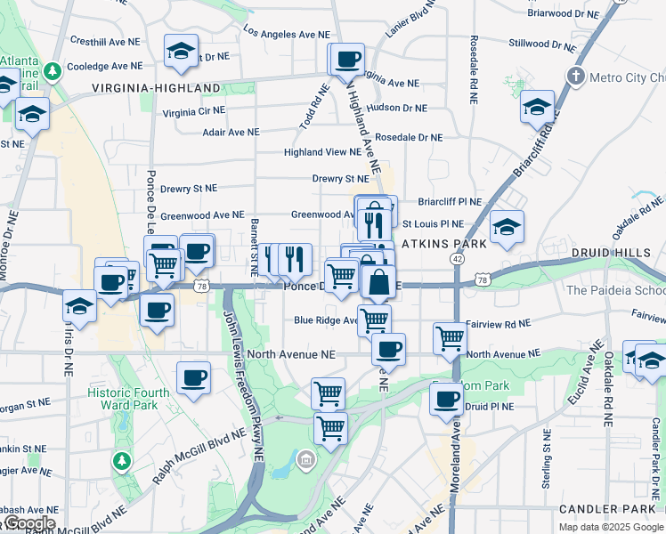 map of restaurants, bars, coffee shops, grocery stores, and more near 741 Frederica Street Northeast in Atlanta